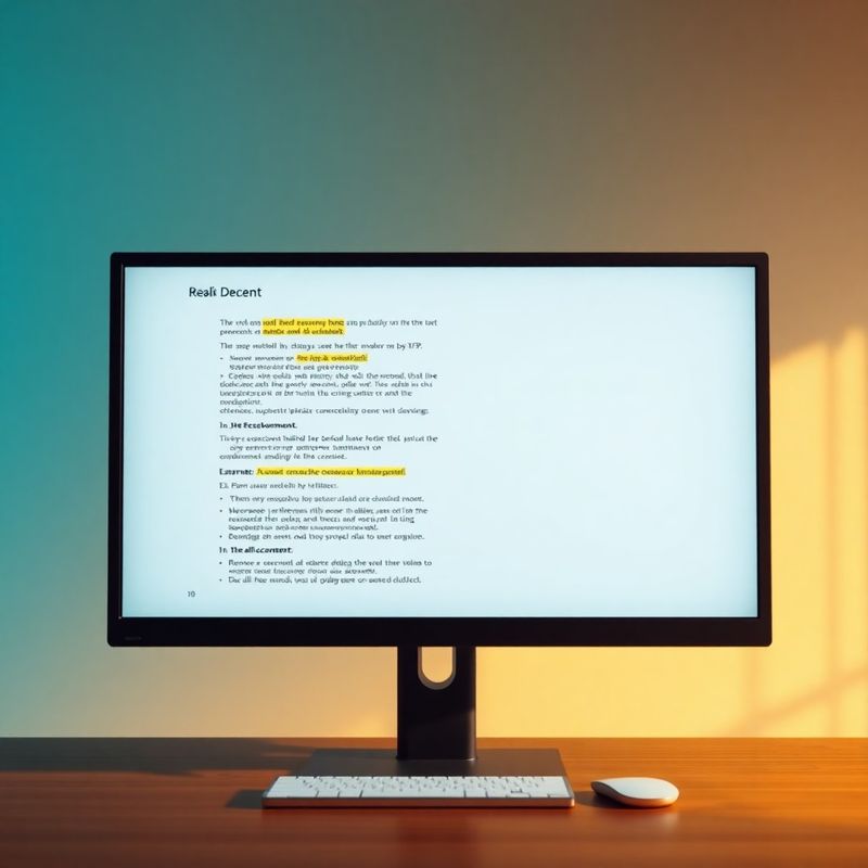 Document on a monitor with highlighted text and teal annotations