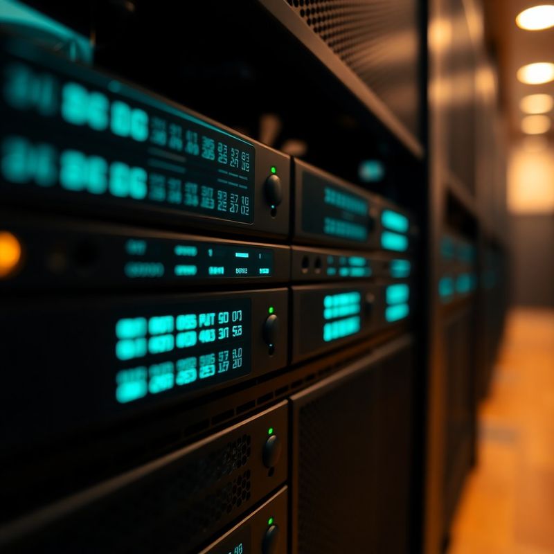 Server rack with teal LED indicator lights