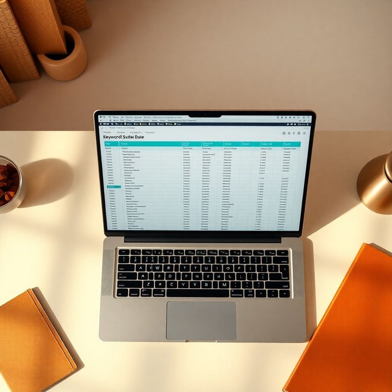 Laptop showing a teal-accented keyword cluster spreadsheet